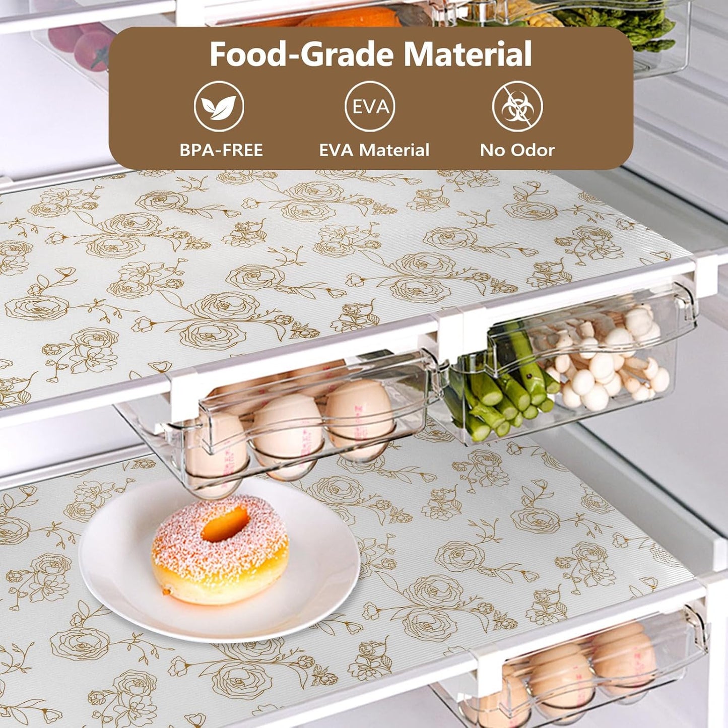 Shelf Cabinet Liner for Kitchen- Non Adhesive Drawer Liner Refrigerator Liner, Premium Waterproof Shelf Paper Protect Surface, Non Slip Easy to Clean Durable EVA Material, Gold Roses, 11.8 in x 20FT