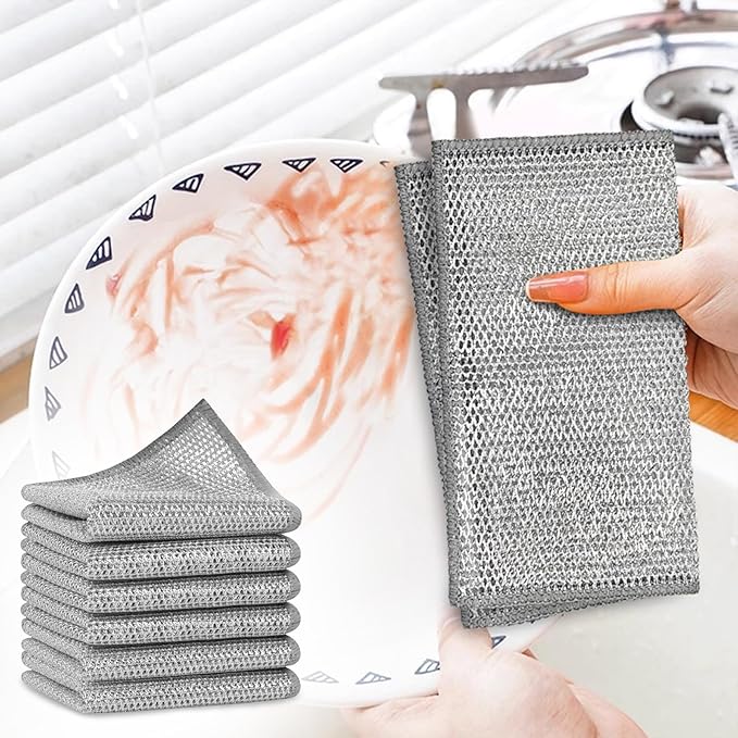 Double-Layer Steel Wire Cleaning Cloth - Non-Scratch Wire Dishcloth Rag Heavy Duty Scrub Pads Multi-Purpose Silver Mesh Scouring Pads for Dishes, Pots, Pans (6pcs)