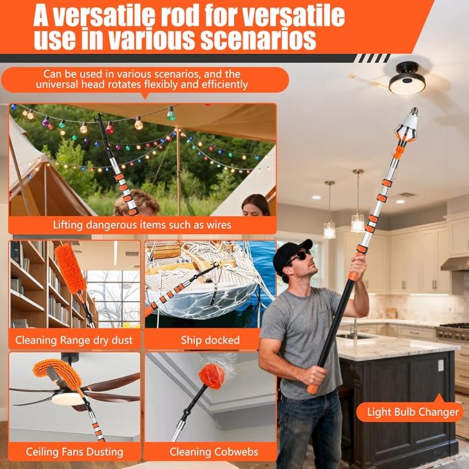 30FT Light Bulb Changer for High Ceilings with 5-24FT Heavy Duty Extension Pole,High Ceiling Fan Duster Extendable Reusable Cobweb,Feather,Window Cleaning Squeegee Kit for Home & House,Interior Roof