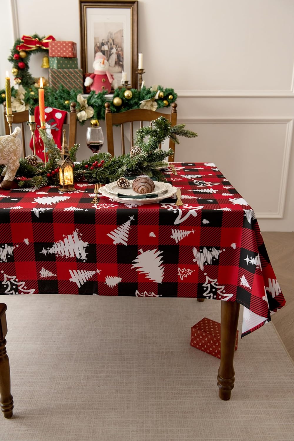 Classic Gingham Buffalo Xmas Tablecloth Fabric - Oblong 58x144 Inch Water Proof Checkered Table Cloth for Indoor Outdoor - Red Christmas Tree Table Cover for Christmas, Holiday, New Year
