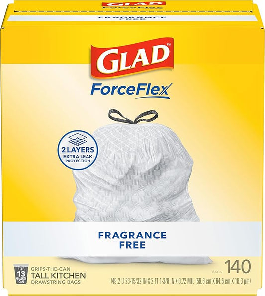 Glad ForceFlex Tall Kitchen Drawstring Trash Bags, 13 Gal, Fragrance Free, 140 Ct (Package May Vary)