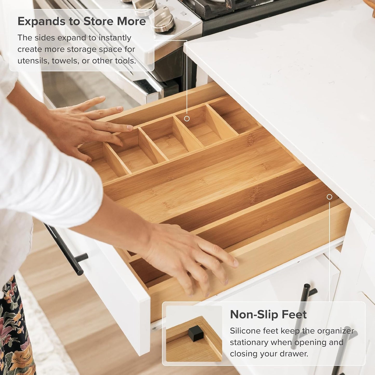 KitchenEdge Adjustable Kitchen Drawer Organizer for Utensils and Junk, Food-Safe Contract Grade with 100% Sustainable Wood, Expandable from 10.5 to 19 Inches Wide - Natural Bamboo