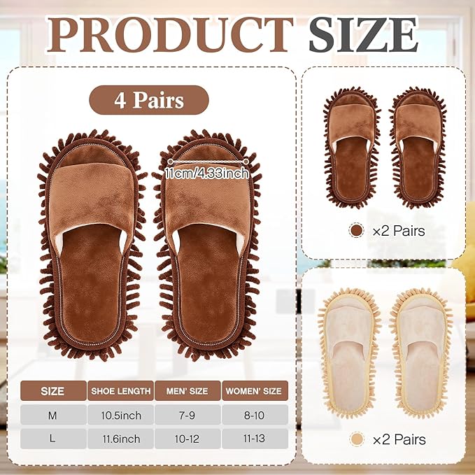 Jecery 4 Pair Washable Microfiber Mop Slippers Detachable Dusting Shoes for Floor Cleaning, Office & Home Use Suitable for Women & Men(Brown, Beige,L Size)