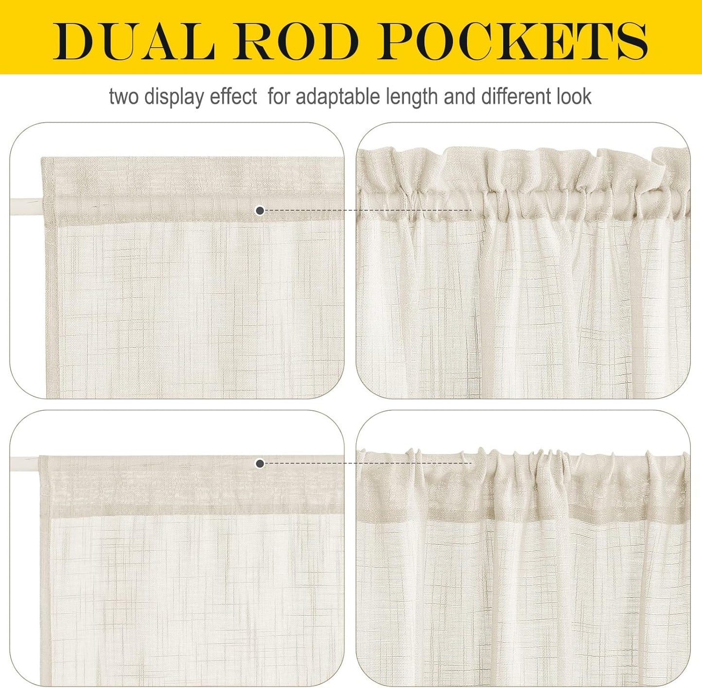 NICETOWN Faux Linen Kitchen Bathroom Door Curtains 40 Inches Length, Farmhouse Dual Rod Pocket Sheer French Door Curtains for Glass with Tieback for Privacy Protection, 1 PC, 36x40, Beige