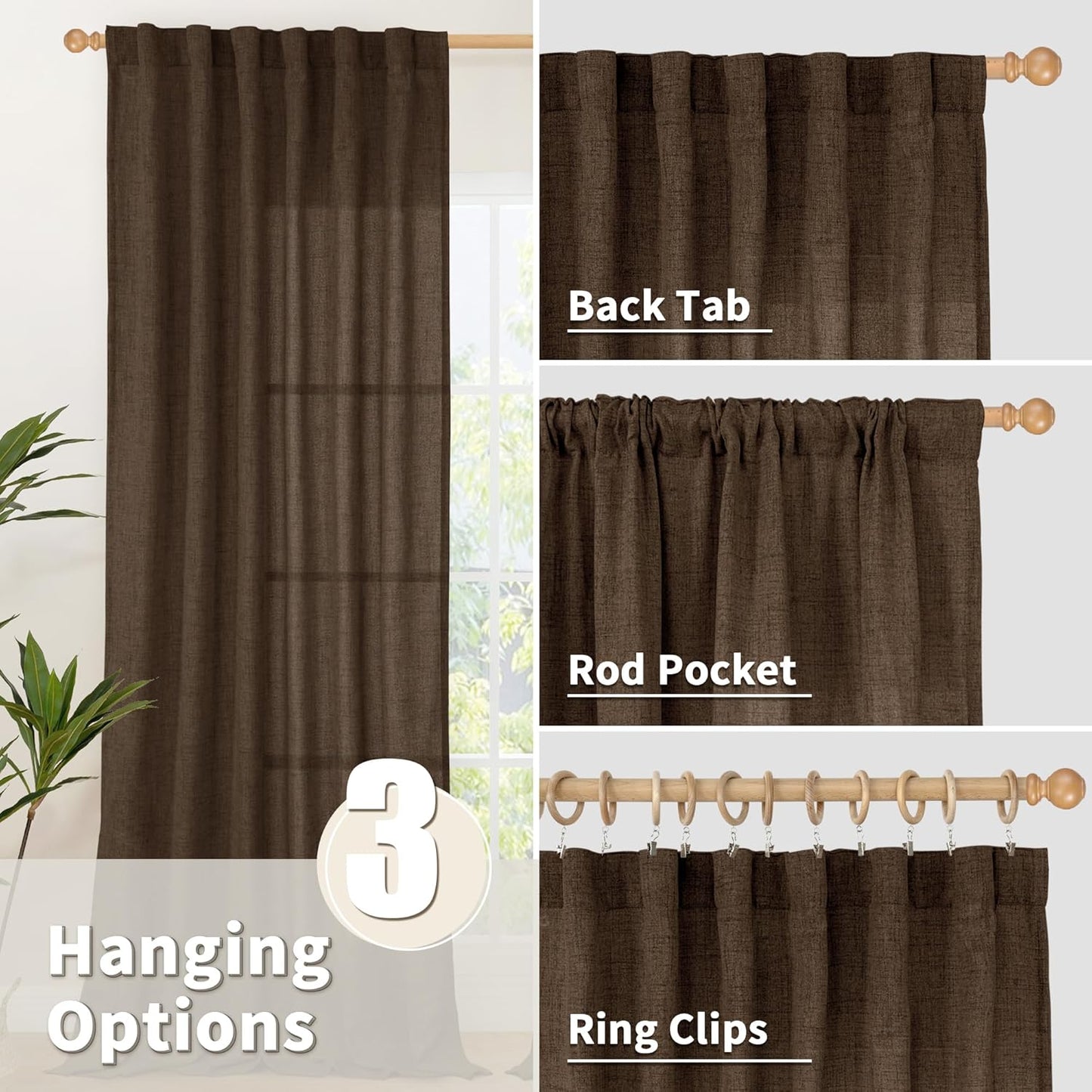 YoungsTex Brown Linen Curtains 48 Inches Long for Short Window, Light Filtering Drapes Privacy with Rod Pocket Back Tab for Bathroom Kitchen Window, 2 Panels, 42 X 48 Inch