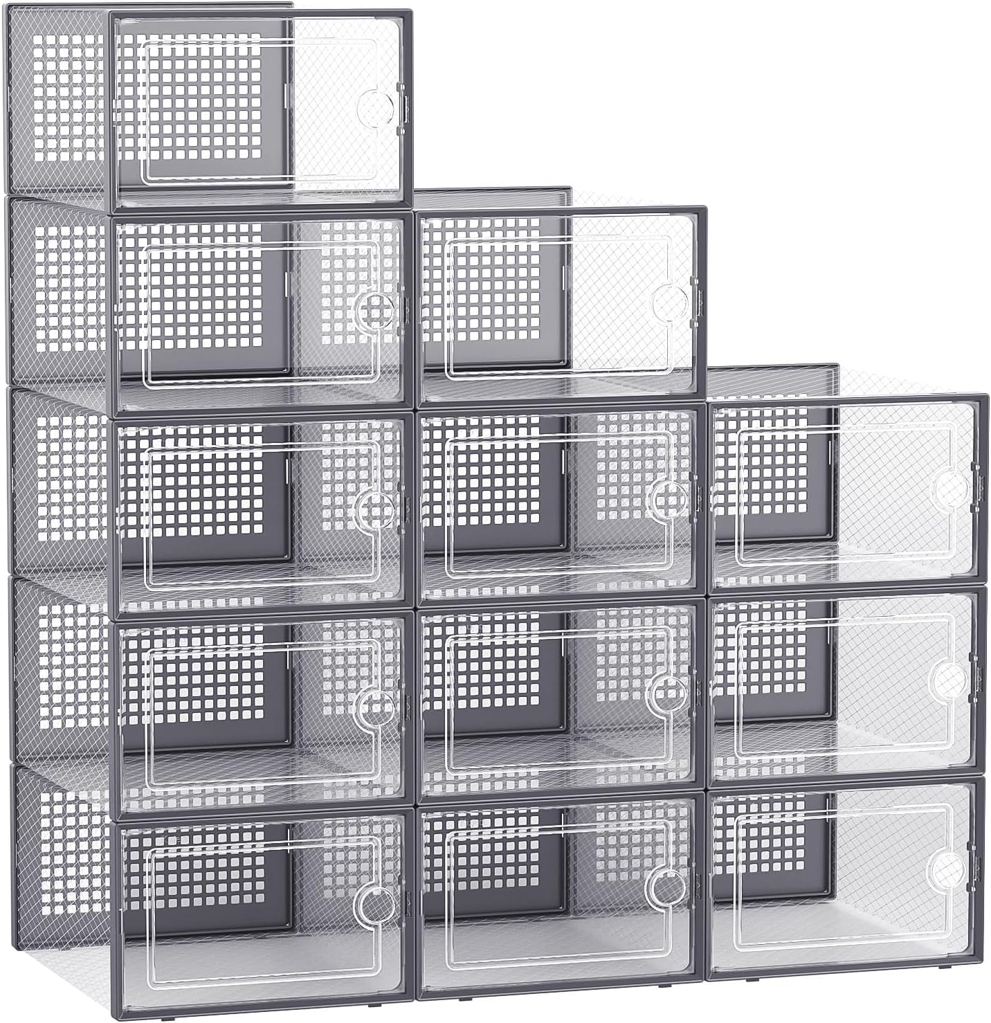 Kuject Large Shoe Organizers Storage Boxes for Closet, 12 Pack Clear Plastic Stackable Storage Bins with Lids, Under Bed Shoe Containers for Entryway, Drop Front, Fit up to Women's Size 10,Dark Gray