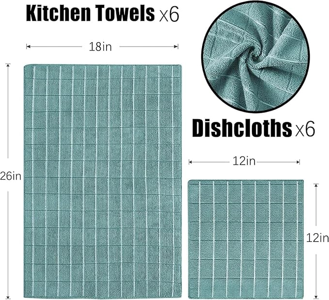 Microfiber Kitchen Towels and Dishcloths Set, 26 X 18 Inch and 12 X 12 Inch, Set of 12 Bulk Lint Free Dish Towels for Drying Dishes, Lake Blue