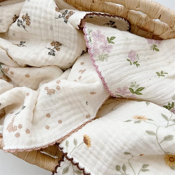 BuLuTu 4 Pack Cotton Muslin Cleaning Towels Shabby Chic Floral Washcloths for Home Kitchen, 11x11 Inches, Super Absorbent Multi-Purpose Cleaning Rags Durable Dish Rags