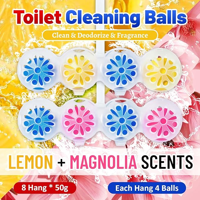STRN Toilet Bowl Cleaners Rim Hanger, Toilet Bowl Cleaning Balls, Lemon & Magnolia Scents, Toilet Bowl Freshener, 8 Packs(32 balls)
