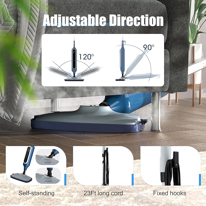 12 in 1 Steam Mop, Detachable Handheld Steam Cleaner for Home, 23FT Cord, for Hardwood Floor Cleaning, Tile, Carpet, Furniture, Clothes, Windows, Blue