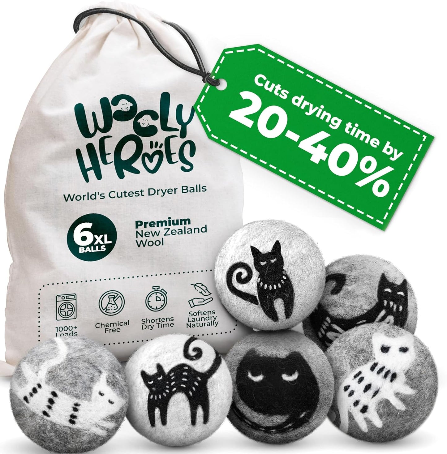 No More Dryer Sheets! Reusable Wool Dryer Balls XL 6-Pack - Reduces Static, Cuts Dry Time, & Softens Naturally