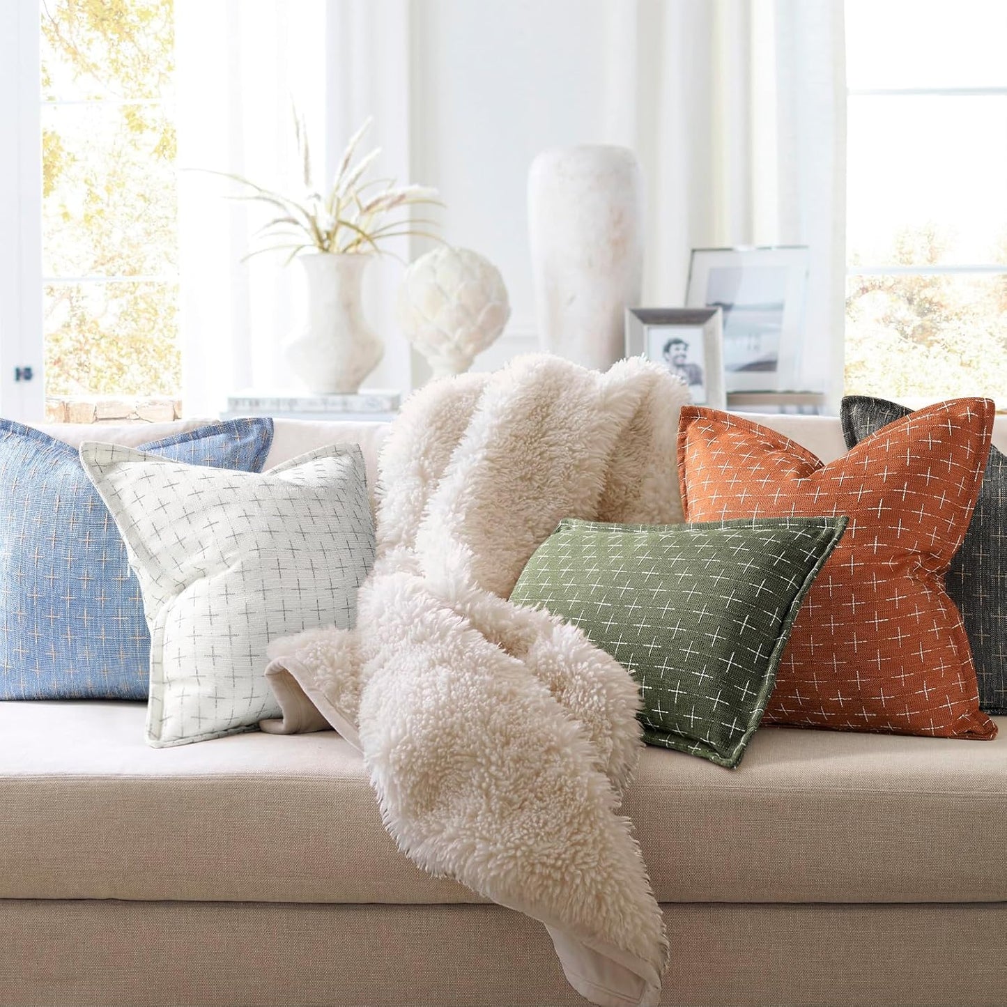 ZWJD Pillow Covers 22x22 Set of 2 Soft Polyester Textured Pillow Covers with Stylish Flange Edge Cozy Farmhouse Throw Pillows for Couch Bed Sofa Living Room