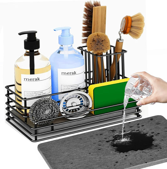 Yofidra Kitchen Sink Caddy: Sink Sponge with Instant Drying Stone, Metal Stainless Steel Dish Sponge Holder Basket for Sponges, Scrubbers, Soap, 9.5" X 5.5" X 5.7" Home Decor Storage and Organization