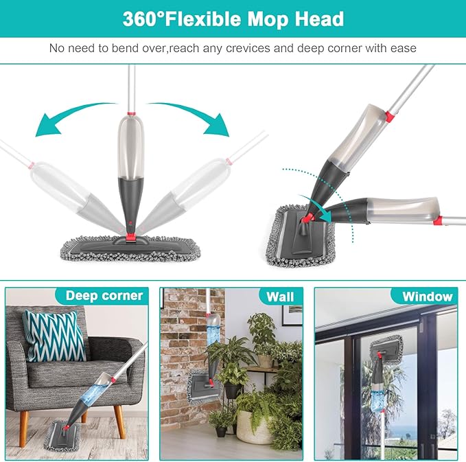 Spray Mop for Floor Cleaning with 3pcs Washable Pads - Wet Dry Microfiber Mop with 800 ml Refillable Bottle for Kitchen Wood Floor Hardwood Laminate Ceramic Tiles Dust Cleaning