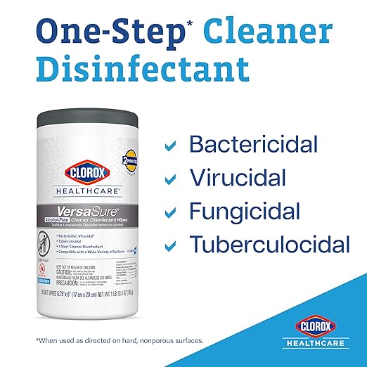 Clorox Healthcare VersaSure Cleaner Disinfectant Wipes, 6.75" x 8", 85 Count Canister (Package May Vary)