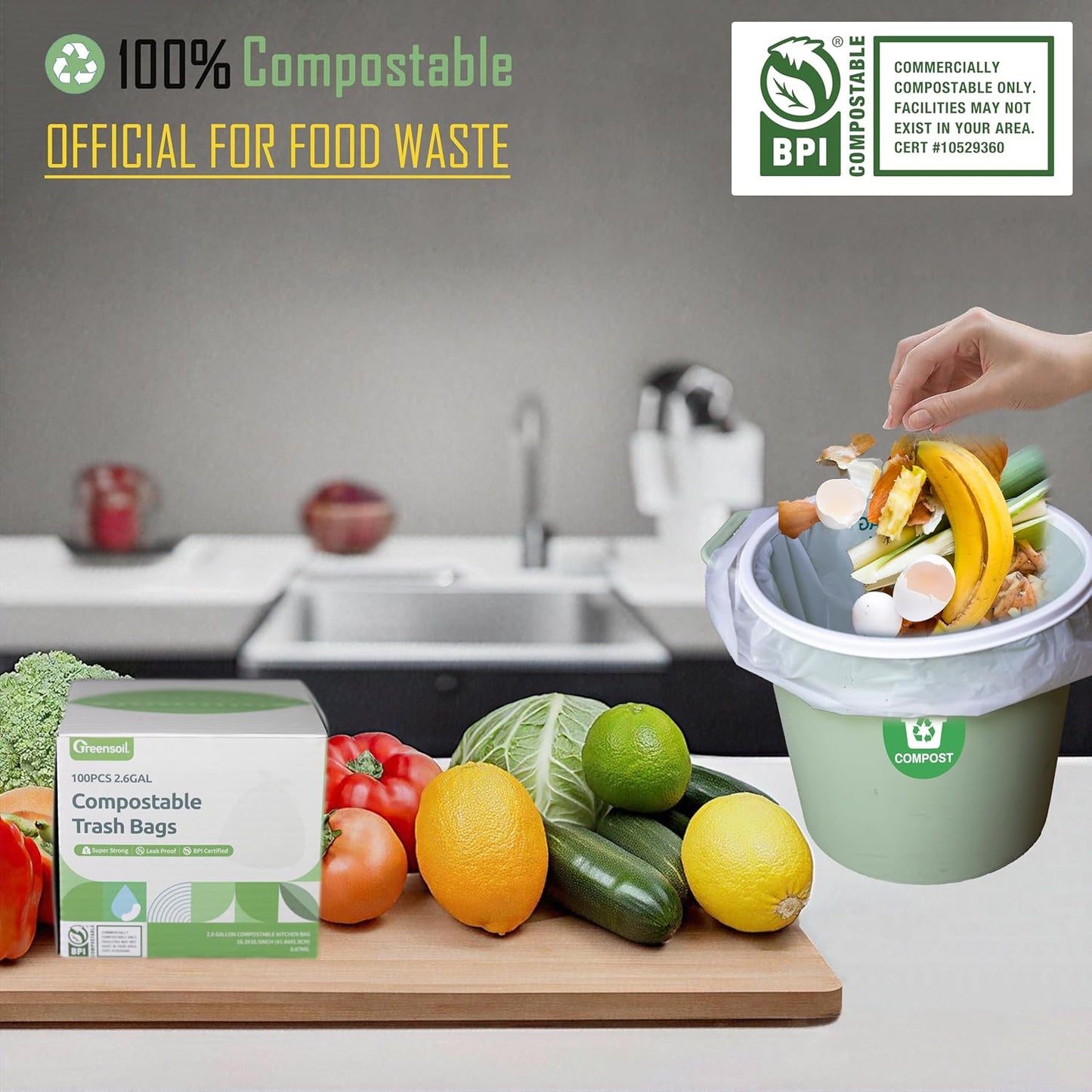 Greensoil 100% Compostable Waste Bags 2.6 Gallon, Extra Thick Kitchen Small Compost Bags for Countertop Bin, Bathroom or Office Waste, ASTM D6400 BPI Certified Compostable & Leak Proof, 100 Pack