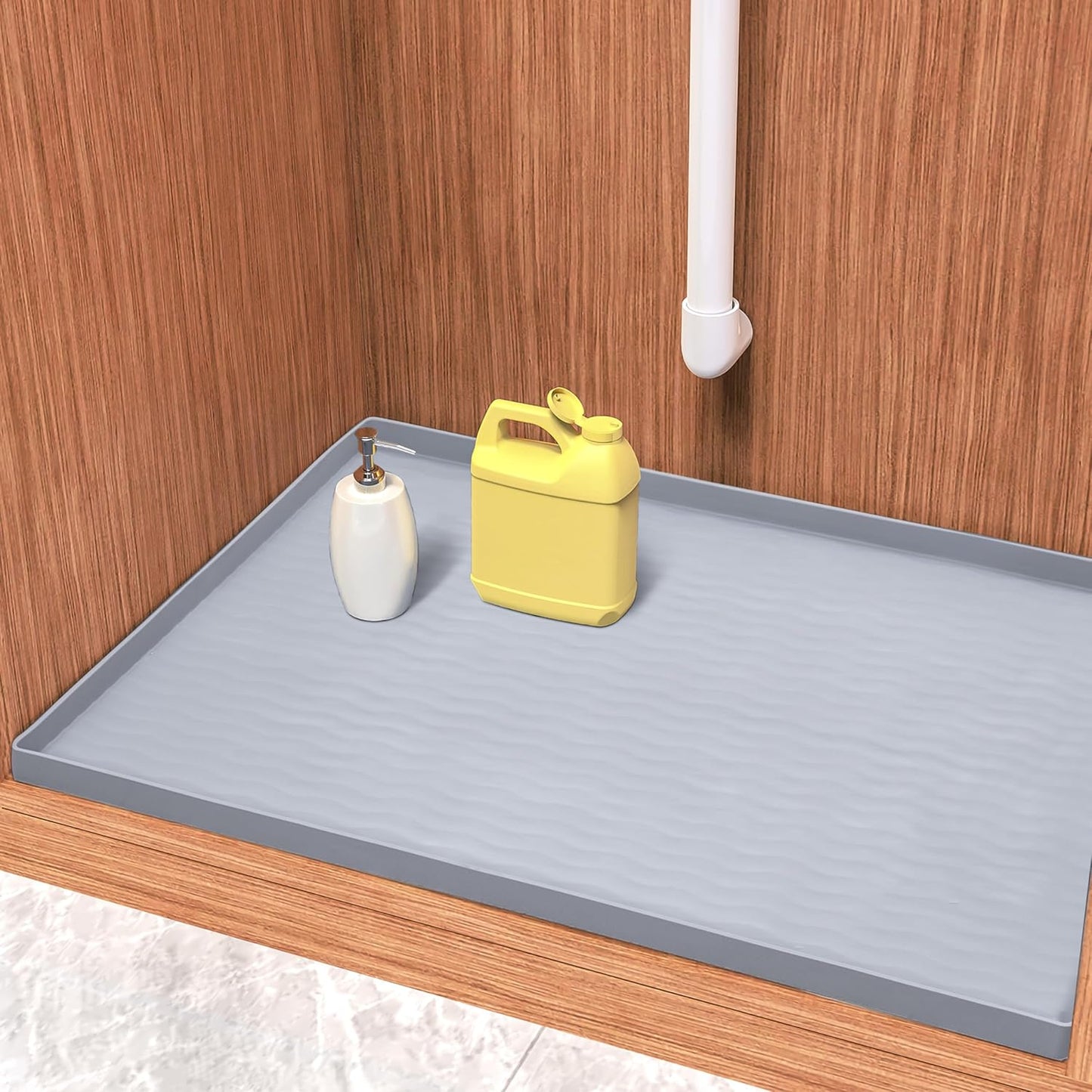 URMONA Waterproof Silicone Under Sink Mat 16'' x 10'' Shelf Liner for Kitchen and Bathroom, Cabinet and Counter Protector, Storage and Organizers, Litter Mat, Pet Cat Puppy Essentials(Light Grey)