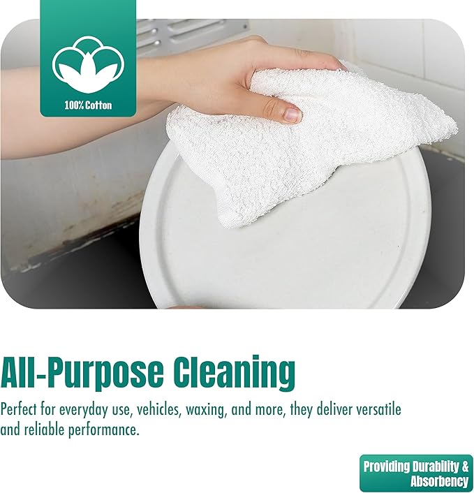 ZUPERIA Terry Towels Pack of 60 (14" X 17" Inches) 100% Cotton Terry Barmop Towels - Absorbent & Durable Bar Rags, Multipurpose Cleaning Rags for Home, Automotive & Garage Cleaning Supplies (White)