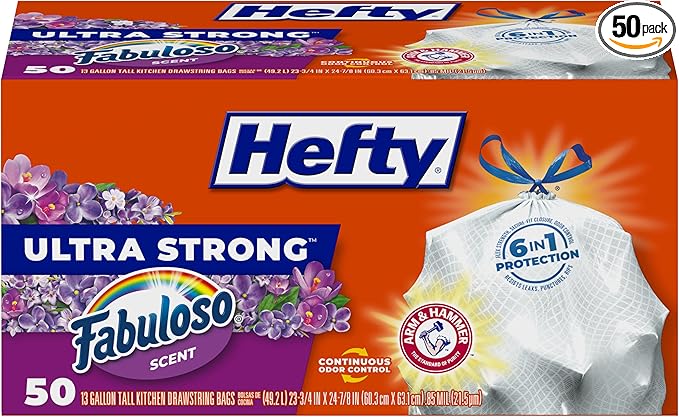 Hefty Ultra Strong 13 Gallon Trash Bags, Tall Kitchen Trash Bags 13 Gallon Size, Resist Leaks, Punctures, and Rips, Continuous Odor Control, White, Fabuloso Scent, 50 Bags