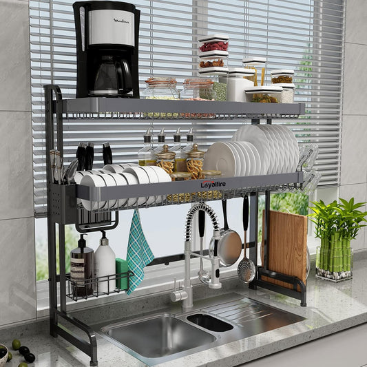 Over Sink Dish Drying Rack, 3 Tier Adjustable Length (20.87'' to 37.6'') Stainless Steel Large Storage Kitchen Dish Rack, Expandable Drainer Shelf Rack with Multifunctional Organizers