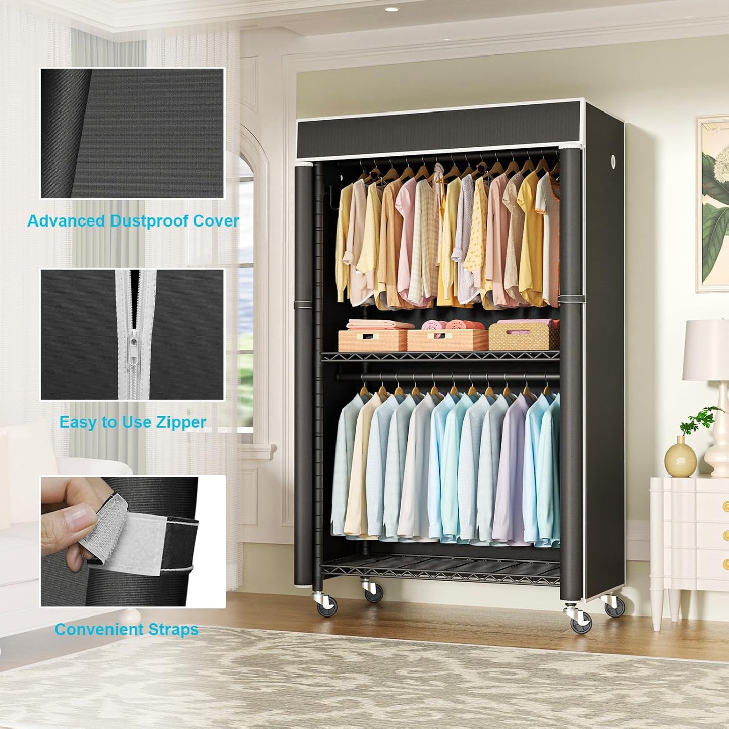 FUTASSI Clothing Rack with Cover, P1C Rolling Closets with Wheels, Metal Garment Rack for Hanging Clothes, Clothing Storage Wardrobe with Cover, 36.2" W x 16.5" D x 80.5" H, Black, Load 450 Pounds