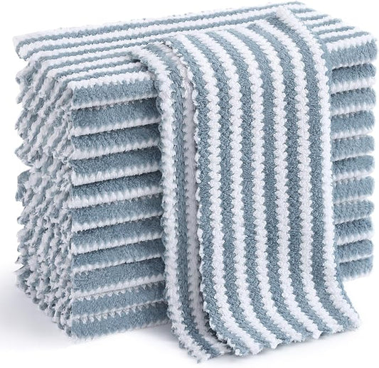 Homaxy 12 Pack Kitchen Dish Cloths, Ultra Soft and Absorbent Dish Towels, Reusable Fast Drying Microfiber Cleaning Cloth, Coral Velvet Wave Design No-lint, 10 x 10 inches, Dusty Blue