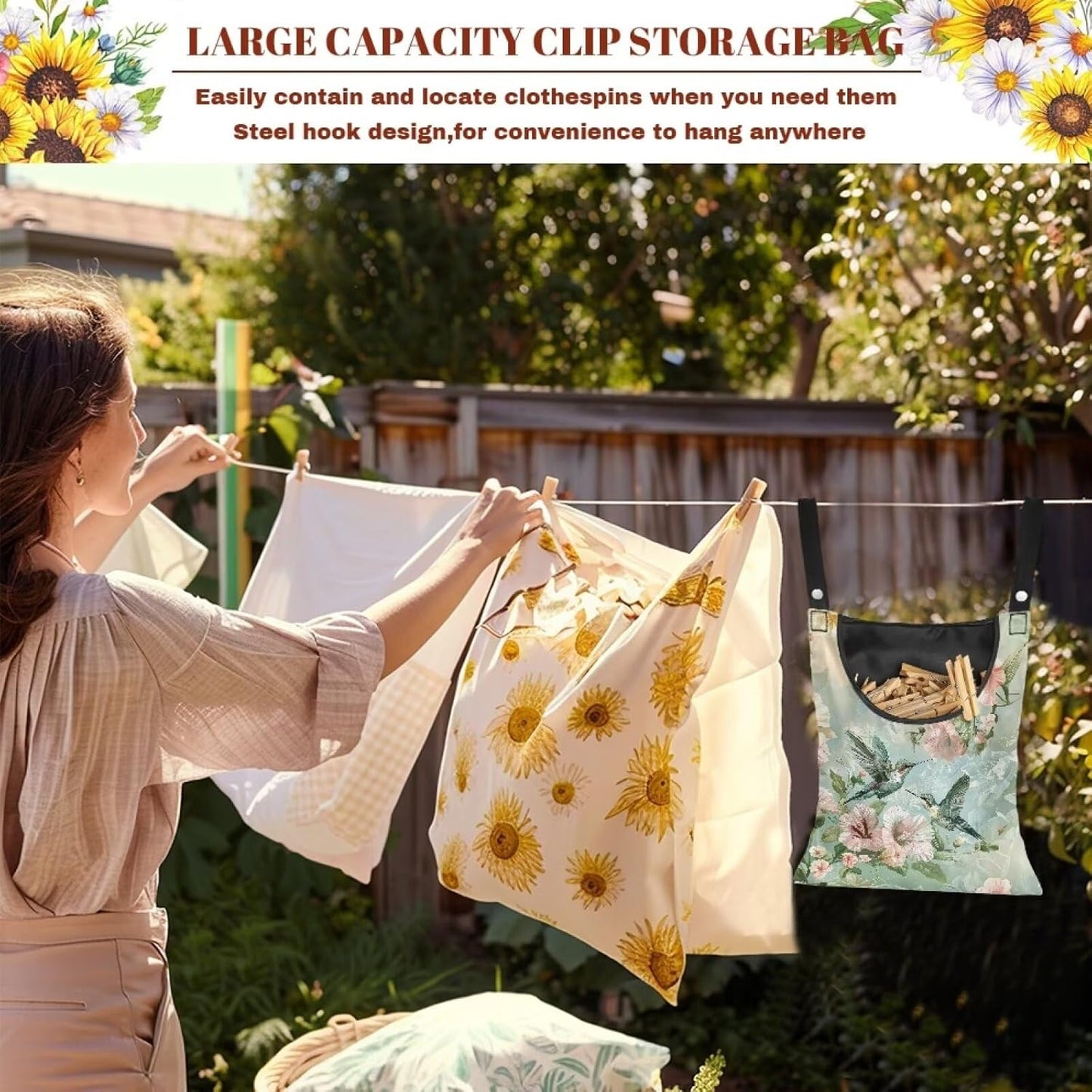 2 Pcs Hummingbird Clothespin Bag for Outdoor Laundry Clothesline and Clothes Pin Holder Clothespin Bag for Clothes Pins Heavy Duty Outdoor Use