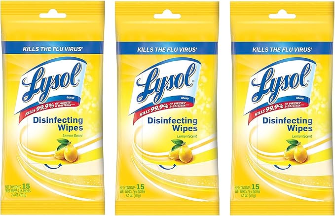 Lysol Disinfecting Wipes To-Go Pack, Lemon Scent, 15 Count (Pack of 3)