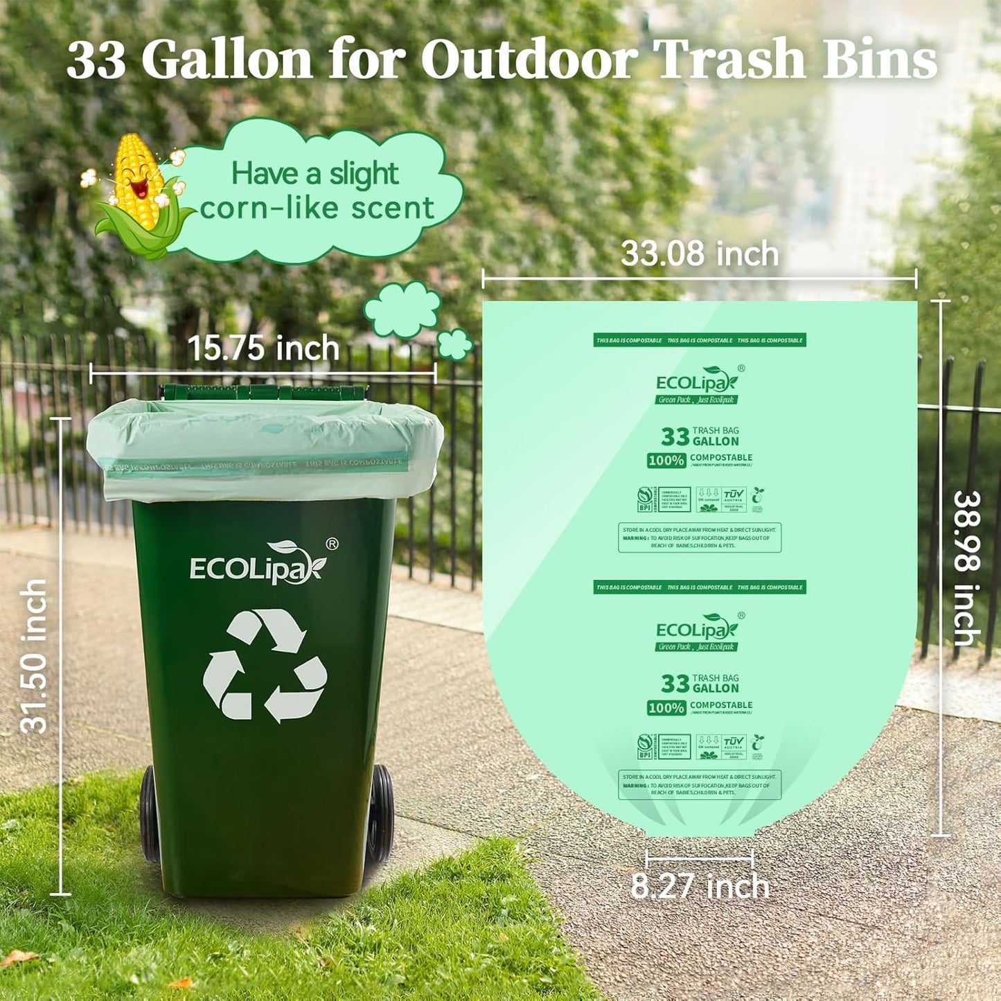 ECOLipak 33 Gallon Compostable Trash Garbage Bags, 50 Count (2 Rolls) Biodegradable Heavy Duty Large Outdoor Trash Bags for Lawn/Yard, US BPI ASTM D6400 and OK Compost Home Certified