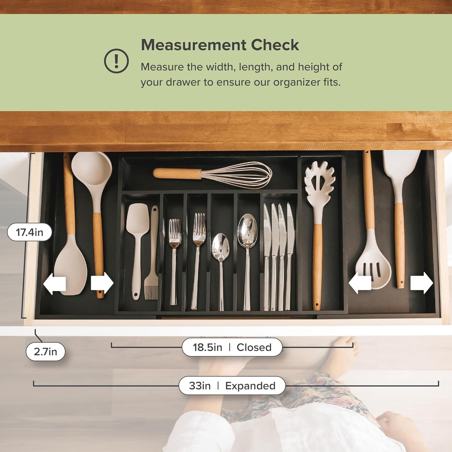KitchenEdge Premium Silverware, Flatware and Utensil Organizer for Kitchen Drawers, Food-Safe Contract Grade, Expandable from 18 to 33 In, Black Bamboo