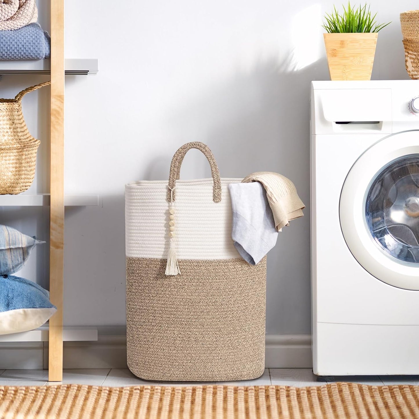 Woven Laundry Basket for Clothes, 100L Large Rectangle Laundry Hampers with Beads Tassel, Nursery Storage Basket for Toys, Tall Dirty Clothes Hamper for Bedroom Aesthetic, Laundry Room Organization