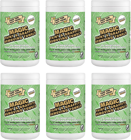 Magic Heavy Duty Paint & Graffiti Removing Wipes - Dual Sided Industrial Cleaning Towels | Waterless | Removes Adhesive, Ink, Marker, Spray Paint, Tar, Decals & more (6 Pack | 420 Sheets Total)