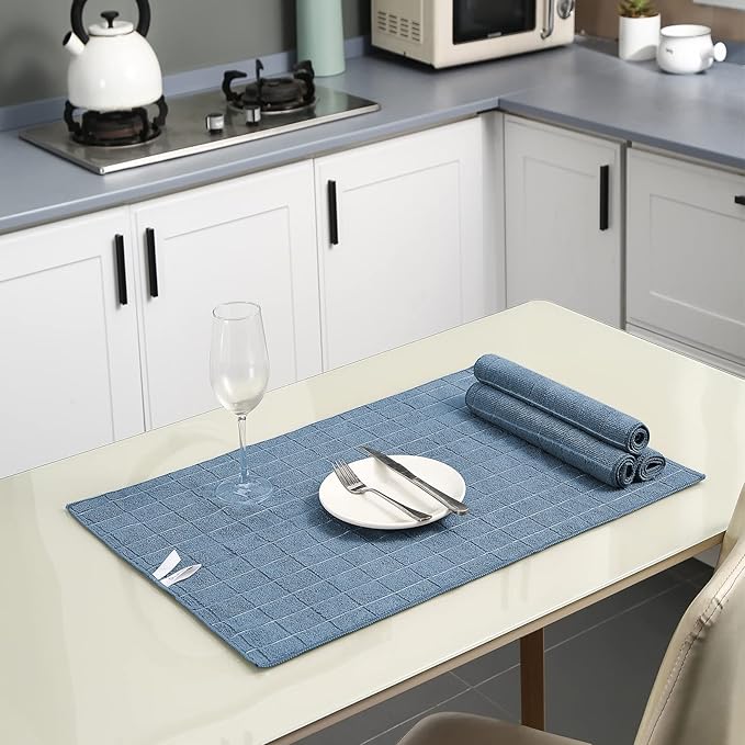 Microfiber Kitchen Towels and Dishcloths Set, 26 X 18 Inch and 12 X 12 Inch, Set of 12 Bulk Lint Free Dish Towels for Drying Dishes, Blue