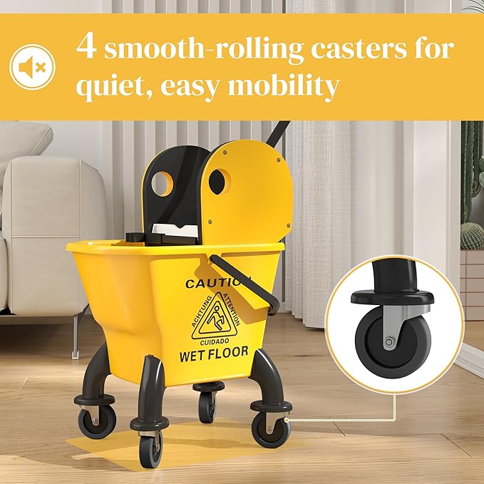 HOMCOM Mop Bucket with Wringer on Wheels for Floor Cleaning, 27.5 Quart Down Press Wringer with Handle and Mop, Yellow