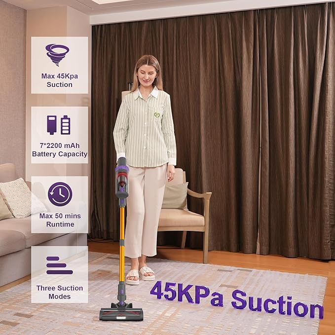 Cordless Vacuum Cleaner, Stick Handheld Rechargeable Lightweight 4-in-1 Vacuum for Home Hardwood Floor Carpet Pet Hair Litter Cleaning, 45KPa Suction 50Mins Running Time, LED Display Screen