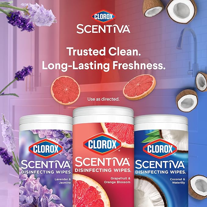Clorox Scentiva Disinfecting Wipes, Lavender and Jasmine, Grapefruit and Orange Blossom, and Coconut and Waterlily, 75 Count Each, Pack of 3 (Package May Vary)