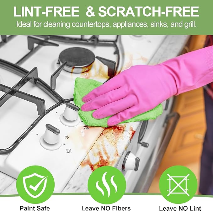 HOMERHYME Microfiber Cleaning Cloth, 12 Pack Green Cleaning Rags,12" X 11" Lint Free Dish Towels Wash Cloths, Reusable Microfiber Towels for Home and Kitchen Bathroom Apartment Cleaning Supplies