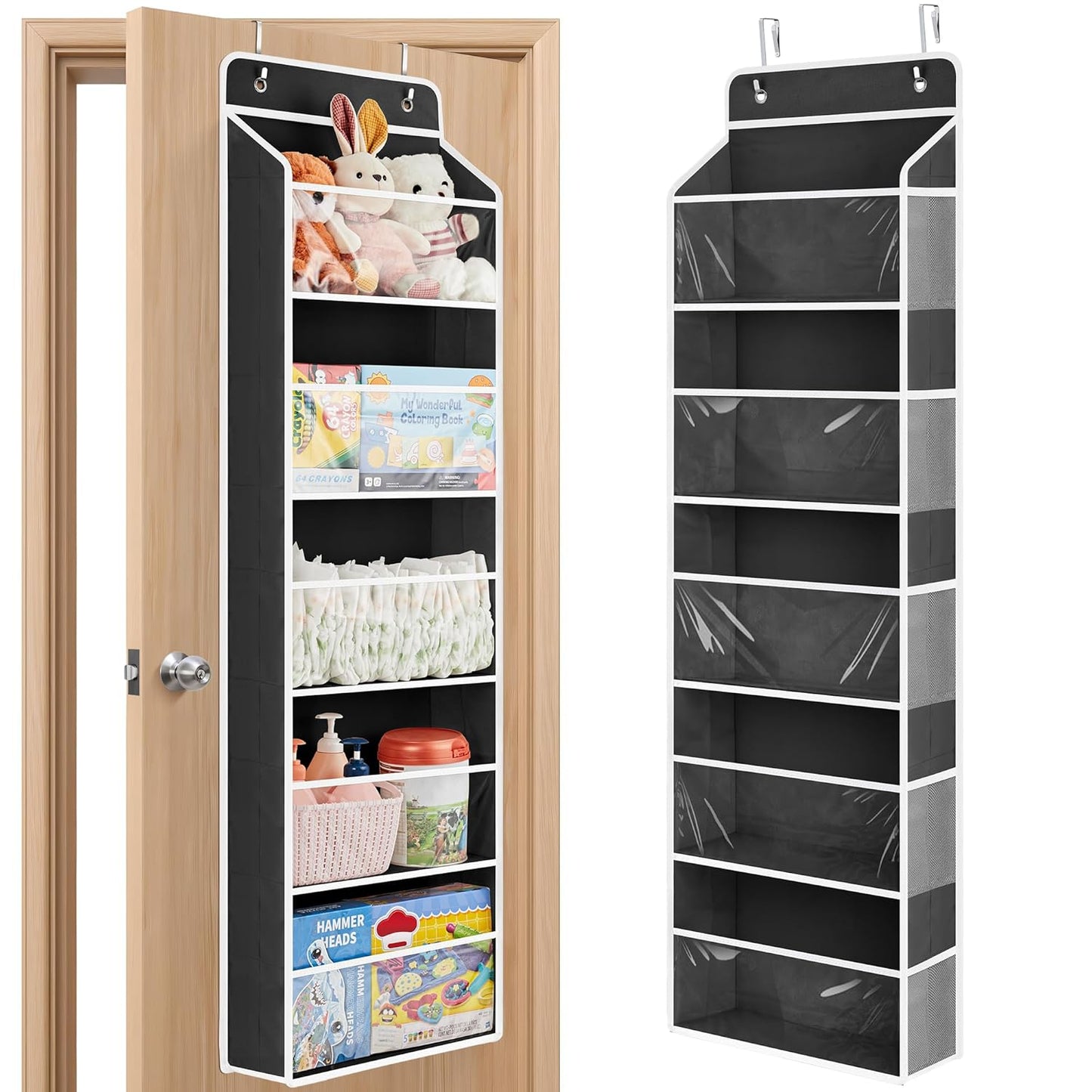 JARLINK Toy Stuffed Animal Storage, Over The Door Organizer W/Clear View Windows, 44lb Load, Baby Toy Storage Organizer for Nursery, Kid Bedroom, Newborn Baby Essentials (Black)