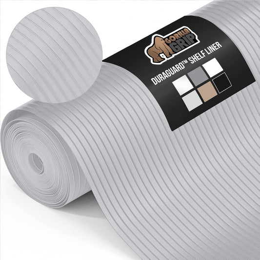 GORILLA GRIP DuraGuard Shelf Liner, Non-Adhesive Cabinet Liners for Kitchen Drawers, Shelves, Refrigerator, Pantry Storage, Bathroom Closet, Durable Waterproof BPA Free Ribbed Plastic, 17.5x10 Lt Gray