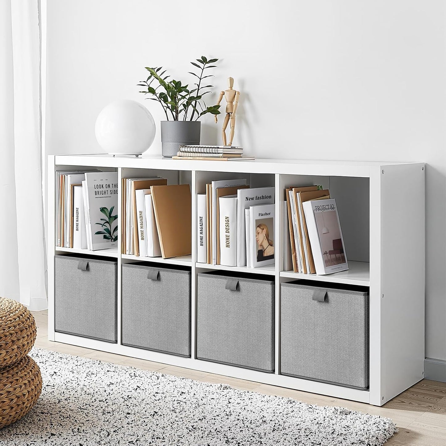 Storage Baskets, 11.8-Inch Woven Fabric Bins, Storage Cubes with Reinforced Handles, Organizer Bins for Closet Shelves, Foldable, for Toys, Clothes, Natural Beige (4PCS/Grey-11.8*11.8*11.8inch)