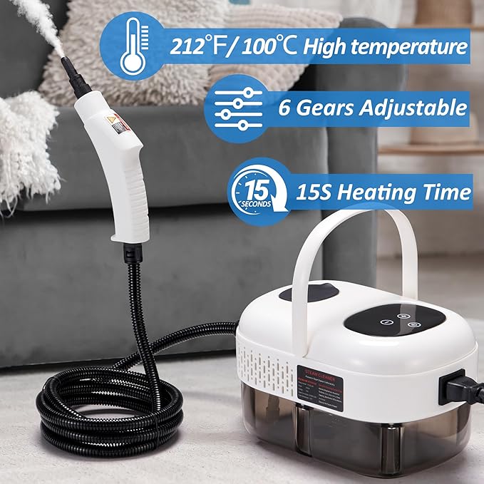 Spurgehom Handheld Steam Cleaner, 15s Heat-Up 1L Tank Portable Steam Cleaner, 2500W High Temperature Multipurpose Steamer for Cleaning, 6 Gears Adjustable Handheld Steamer for Home, White