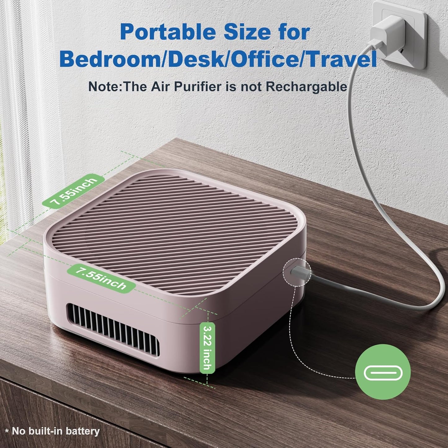 Air Purifiers for Home, TDBYWAE Air Purifier for Bedroom Up to 600 ft², H13 True HEPA Air Purifier for Pets Dust Dander Pollen Odor Smoke, with New Quiet Wind Wheel System, for Desk/Car/Travel（Pink）