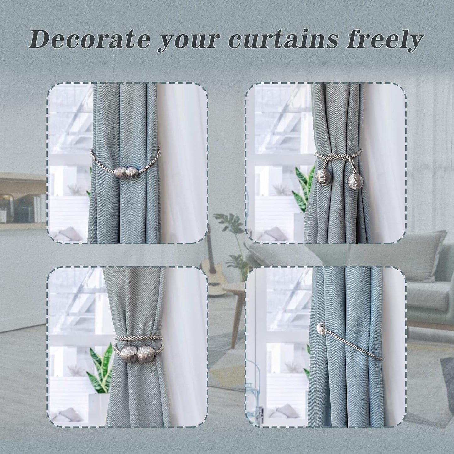 Hion Magnetic Curtain Tiebacks Gray Blue 6 Pack, Curtain Tiebacks Buckles Holdbacks Holders Hooks Clip for Home Bedroom Office Decorative Thick or Thin Curtain