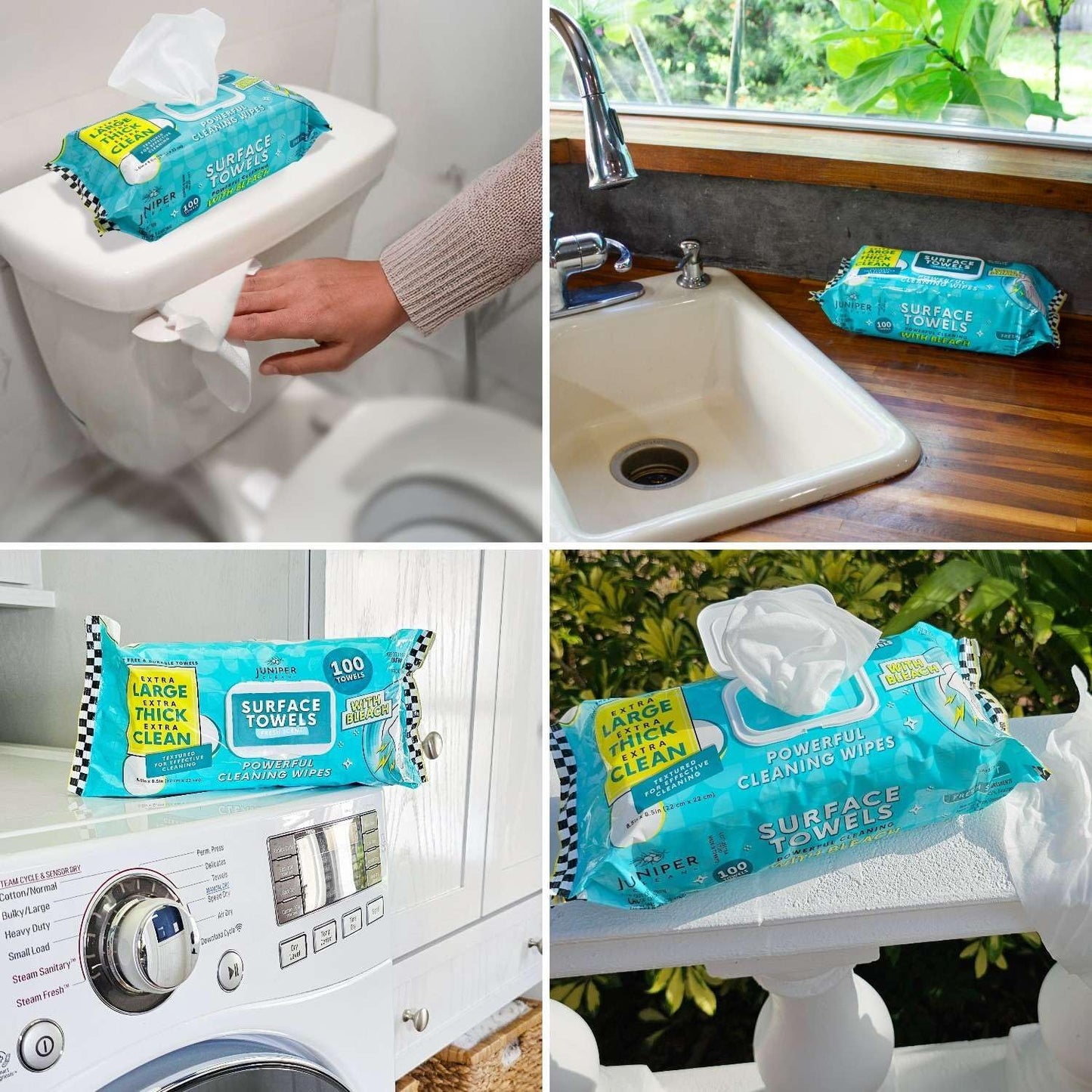 6 Packs Surface Wipes with Bleach, Thick & Large Dispose, All-Purpose Cleaner for Bathroom, Kitchen, Office, 600 Count Soft Flow, Biodegradable, Fresh Scent