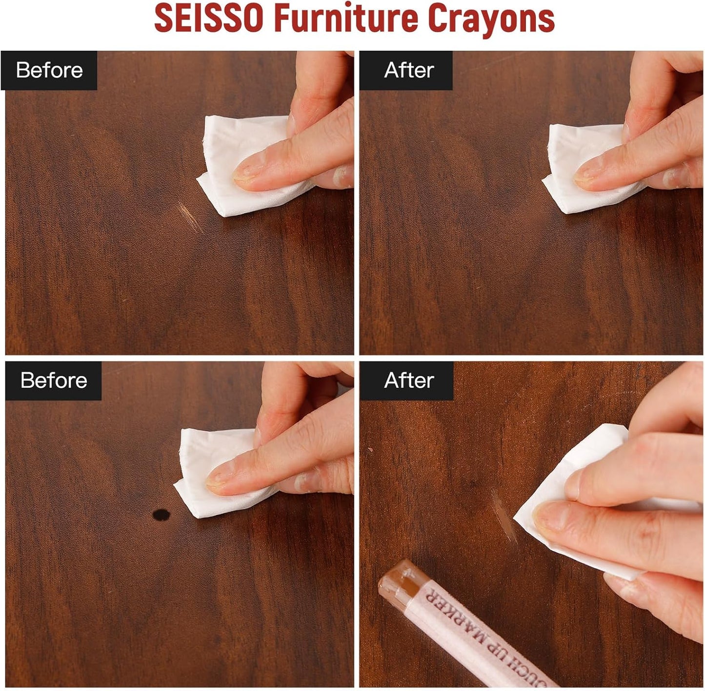 SEISSO Wood Filler Sticks- 6 Pcs, Furniture Repair Wax Crayons, Furniture Marking Repair - Scratch, Cracks, Hole, Table, Wood Floor, Guitar - Crimson Rose