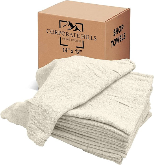 Cotton Shop Towel – Multipurpose Cleaning Cloths (14" x 12" - Pack of 150 - White) Reusable Shop Rags for Automobiles, Industrial, Restaurants, Garage, and Homes