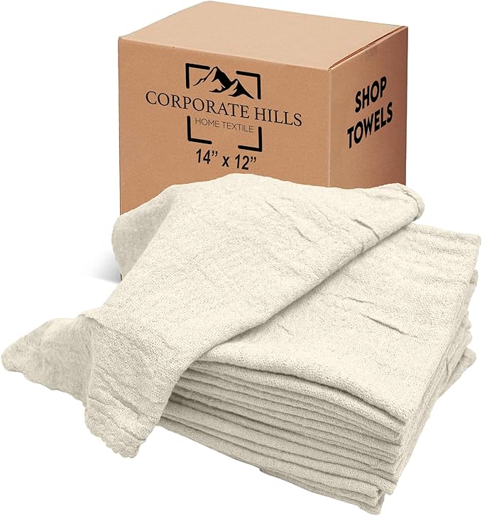 Cotton Shop Towel – Multipurpose Cleaning Cloths (14" x 12" - Pack of 100 - White) Reusable Shop Rags for Automobiles, Industrial, Restaurants, Garage, and Homes