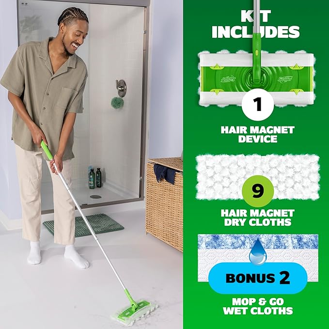 Swiffer Hair Magnet Deluxe Starter Kit with Collapsible Pole, 9 Hair Magnet Dry Cloths, 2 Bonus Mop & Go Wet Cloths