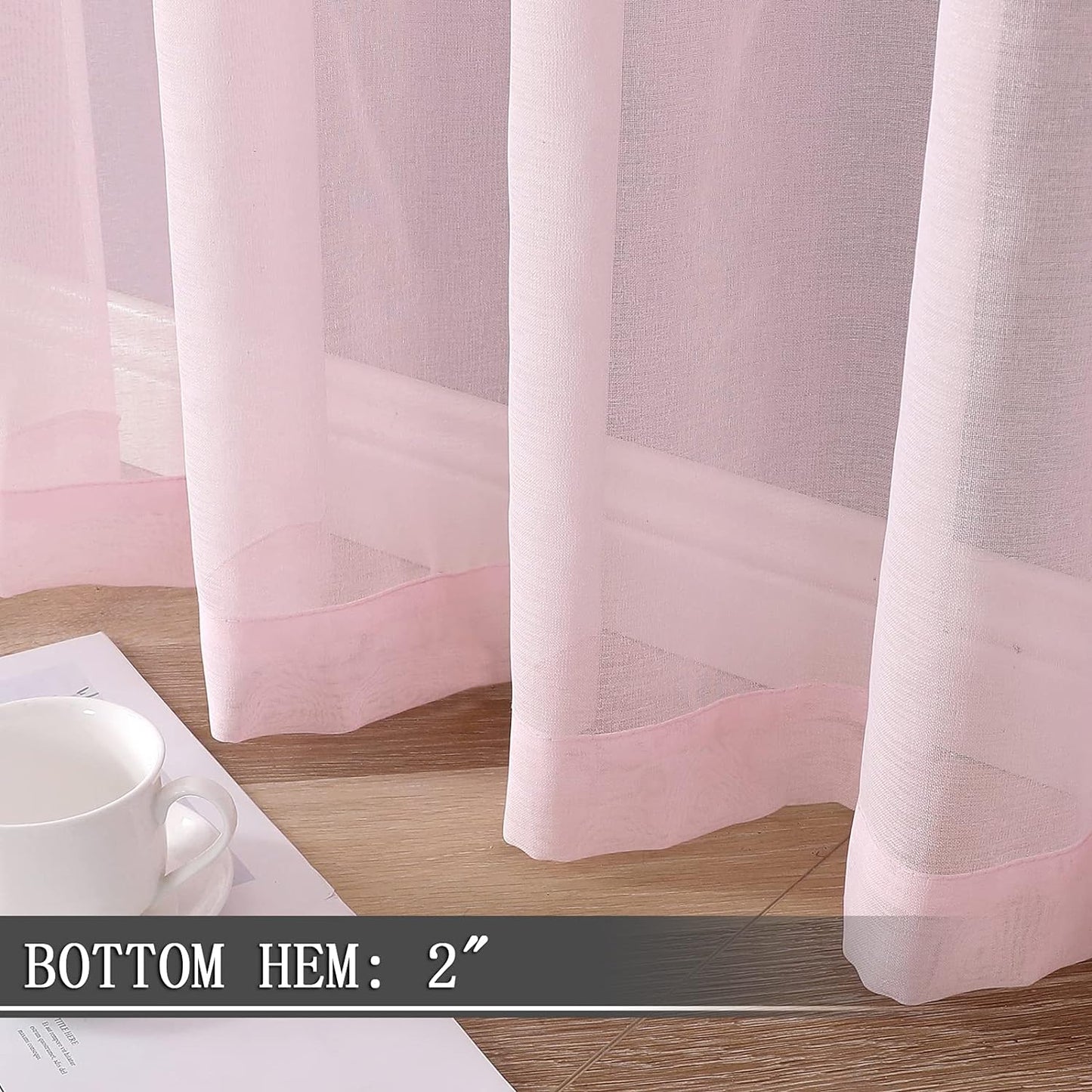 Tollpiz Short Sheer Curtain Linen Textured Living Room Curtains Sheer Light Filtering Rod Pocket Voile Curtain for Bedroom, 42 x 54 inches Long, Pink, Set of 2 Panels