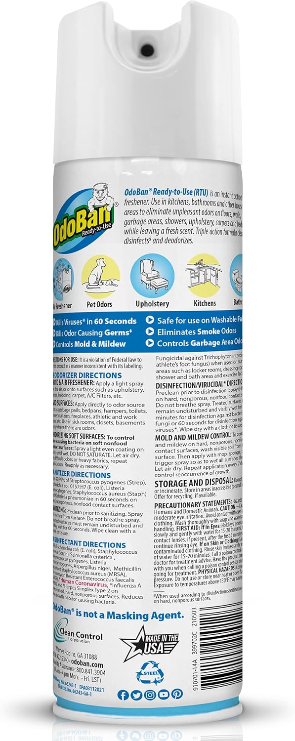 OdoBan Ready-to-Use 360-Degree Continuous Spray Disinfectant and Harsh Aroma Eliminator, Fabric and Air Freshener, 4 Pack, 14.6 Ounces Each, Fresh Linen Scent